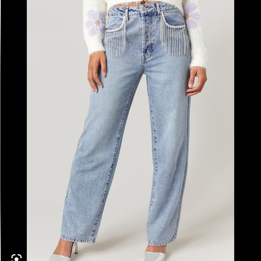 Francesca's Collections Blue Jeans with White Fringe